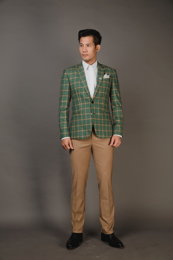 Áo Khoác Blazer Nam Caro Xanh Lá- Cổ Ve Xuôi - 2 Nút - 25010