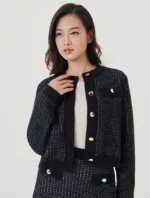 Áo khoác len nữ phối lông họa tiết