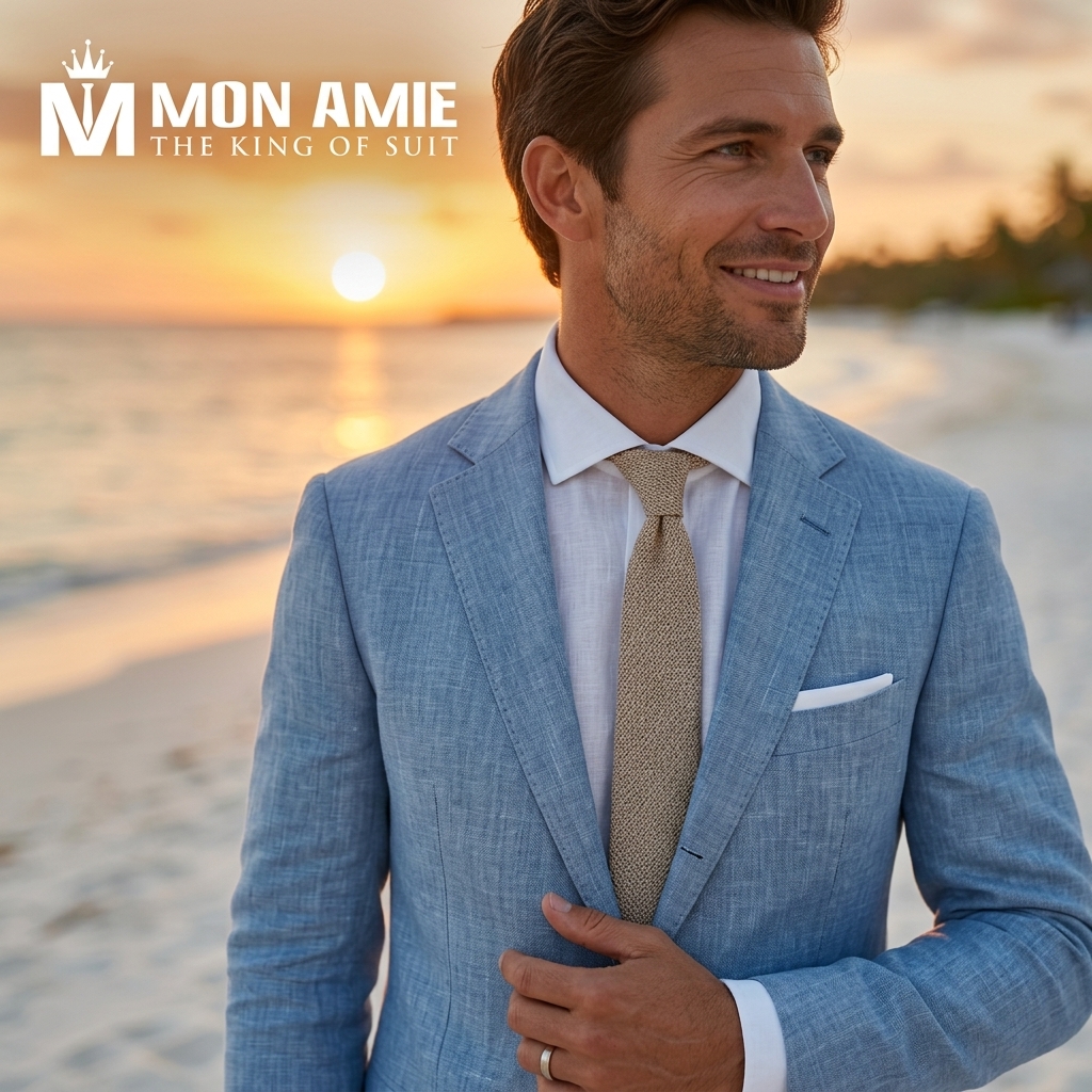 suit cưới biển chất liệu linen thoáng mát cho chú rể