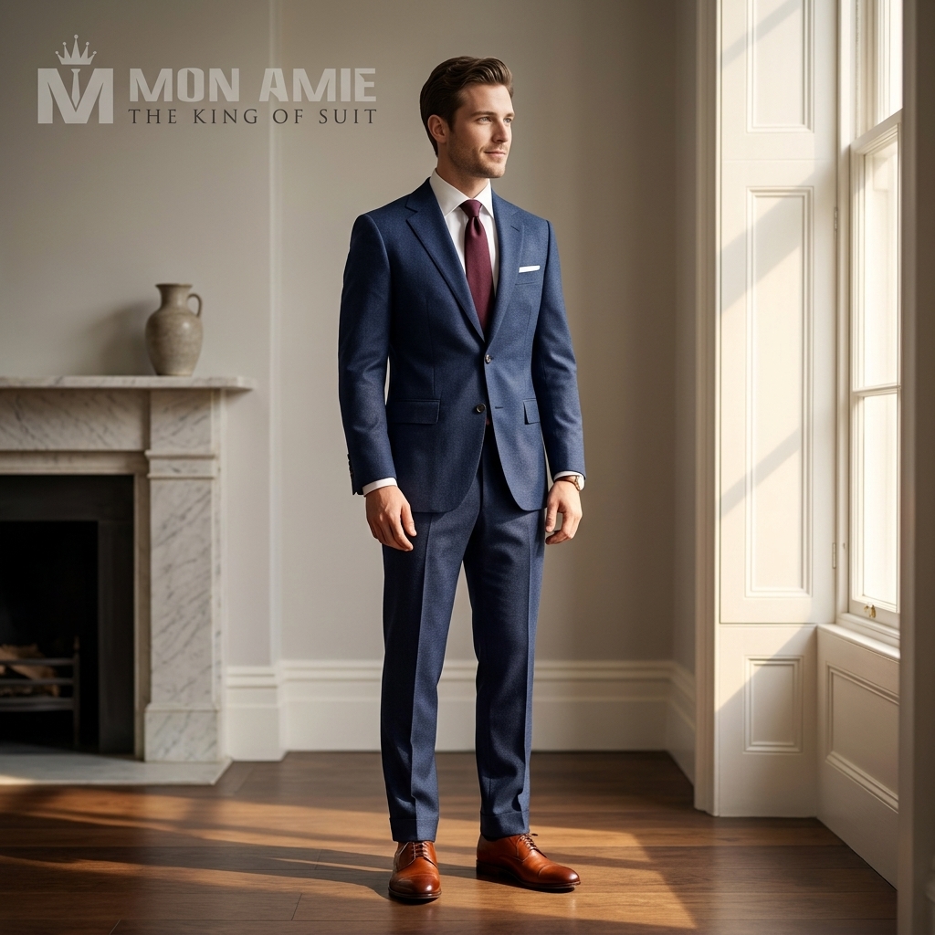 giày suit cưới nâu phối cùng veston xanh navy