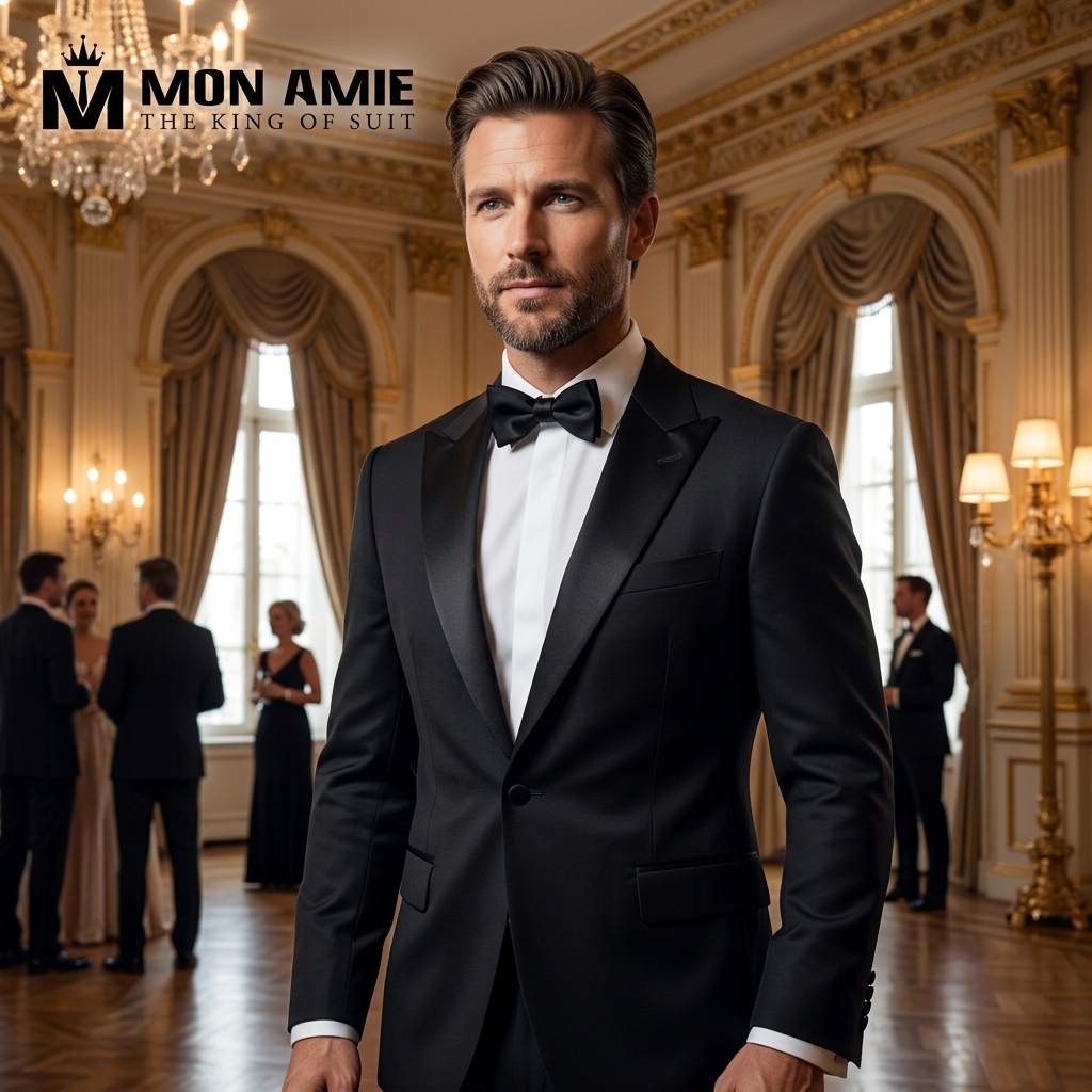 Gala suit đen cổ điển phối lụa bóng