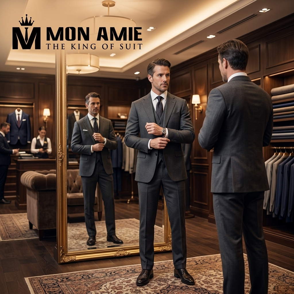 người mẫu diện size suit nam chuẩn mực tại cửa hàng