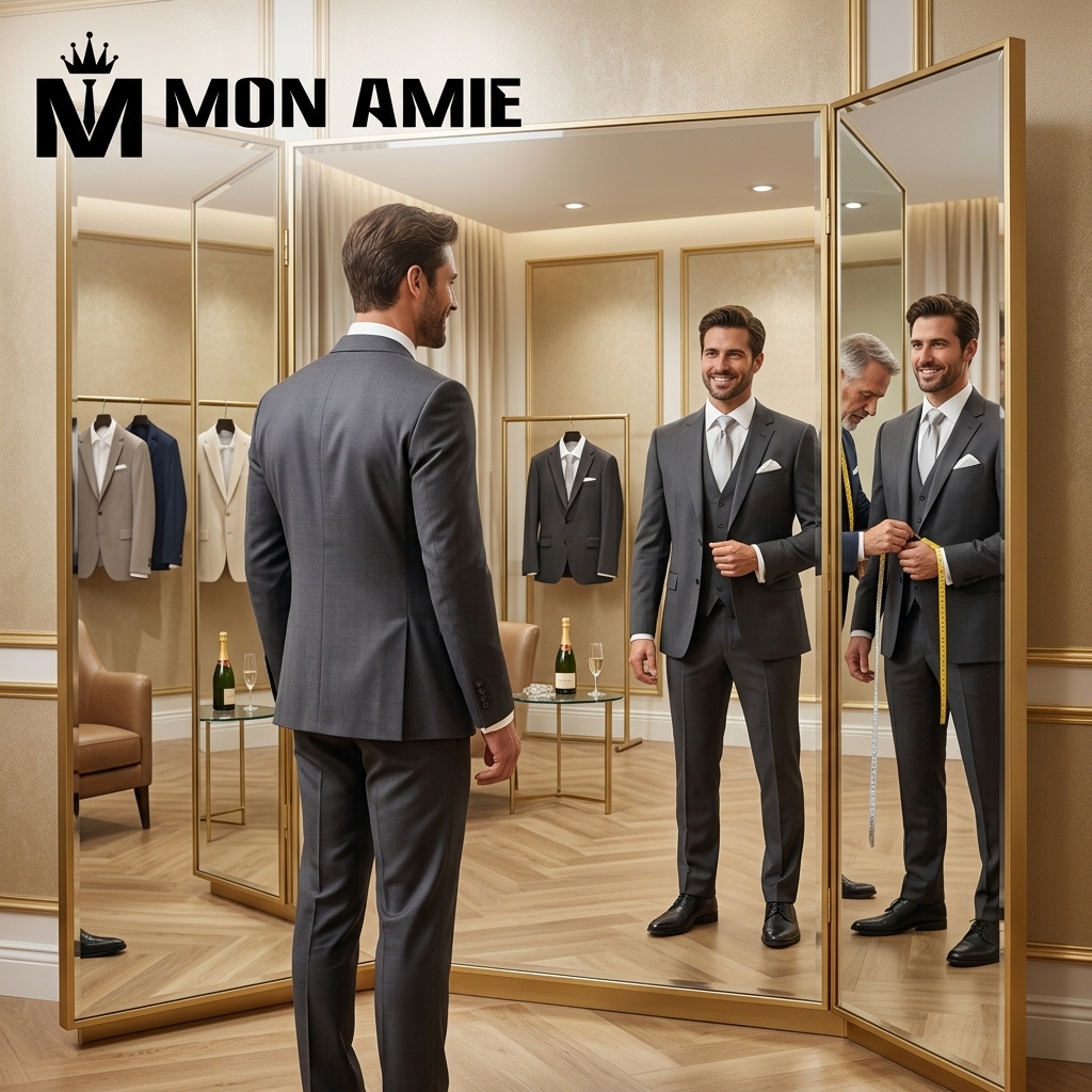 chú rể đang thử vest cưới tại showroom Mon Amie