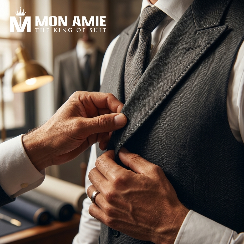 Nghệ nhân Mon Amie tinh chỉnh bộ vest phụ rể chuẩn mực
