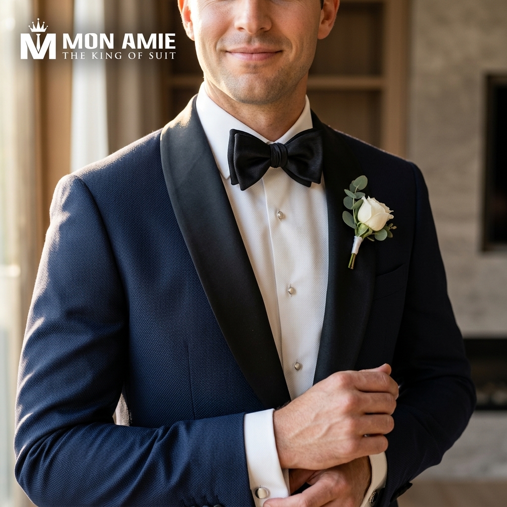 tuxedo cưới và các chi tiết satin sang trọng