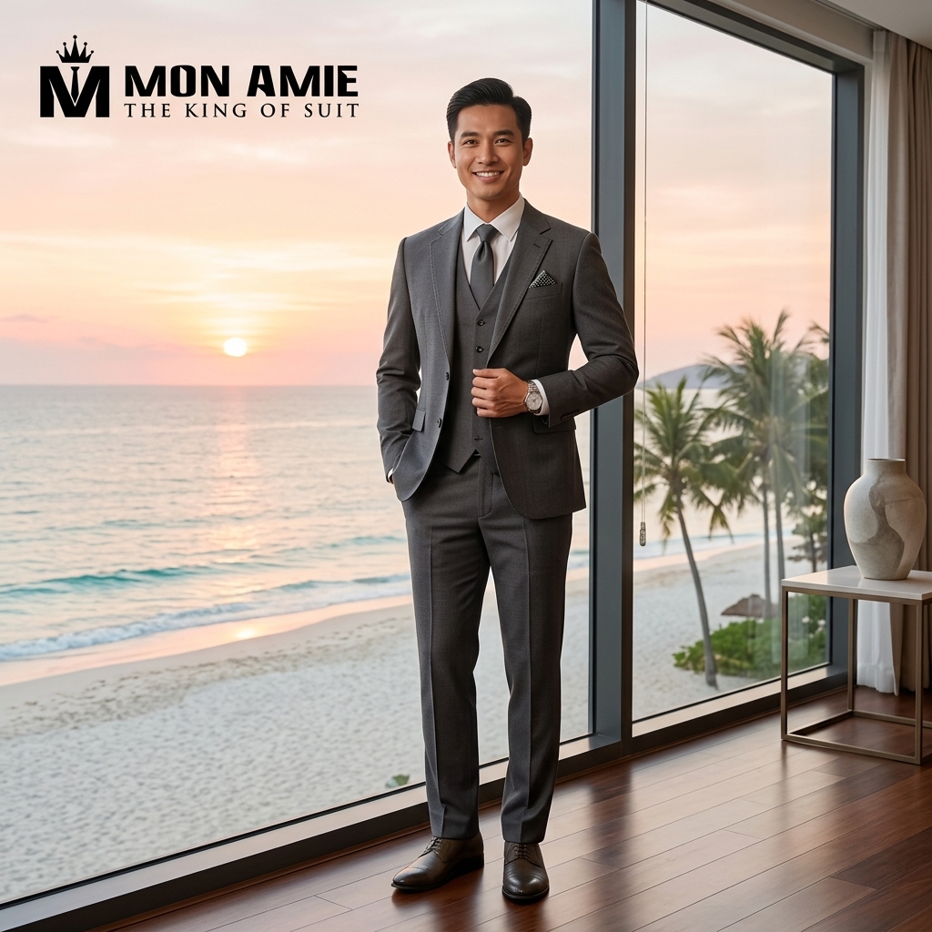 wedding suit Vietnam featuring bespoke charcoal grey craftsmanship
