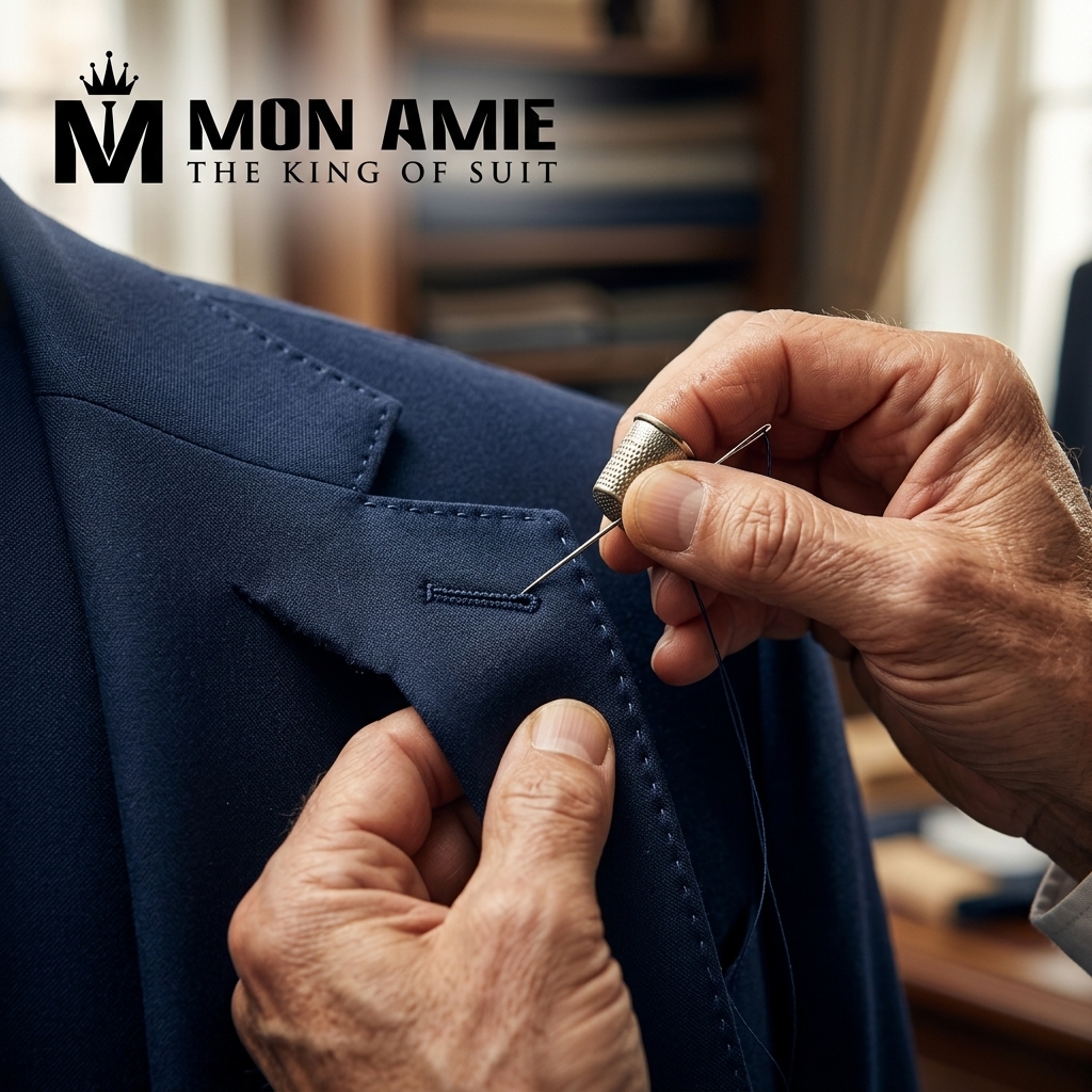 nghệ nhân may đo vest chú rể thủ công